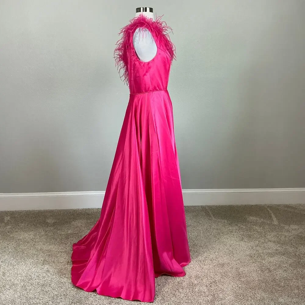 Mac Duggal 11684 Pink Evening Gown Satin One Shoulder Feather Trim Dress Size 4 - Picture 4 of 11